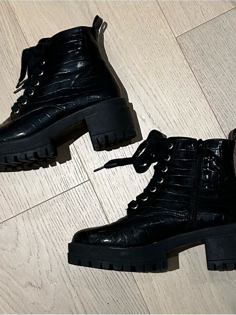Black Croc-Embossed Lace-Up Boots
